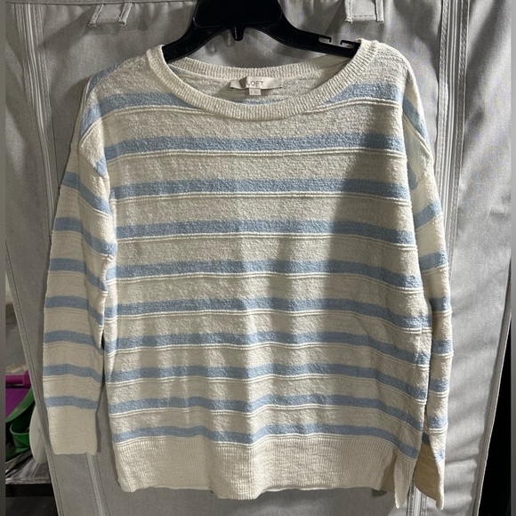 LOFT Tunic Top Womens Small Striped Blue Ivory Oversized Costal Beachy‎ - Picture 2 of 7